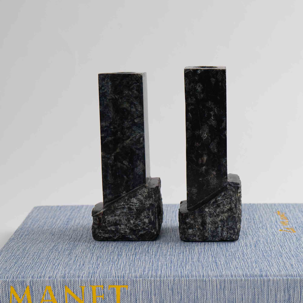 
                  
                    Pair of vintage green and black marble sculptural candleholders
                  
                