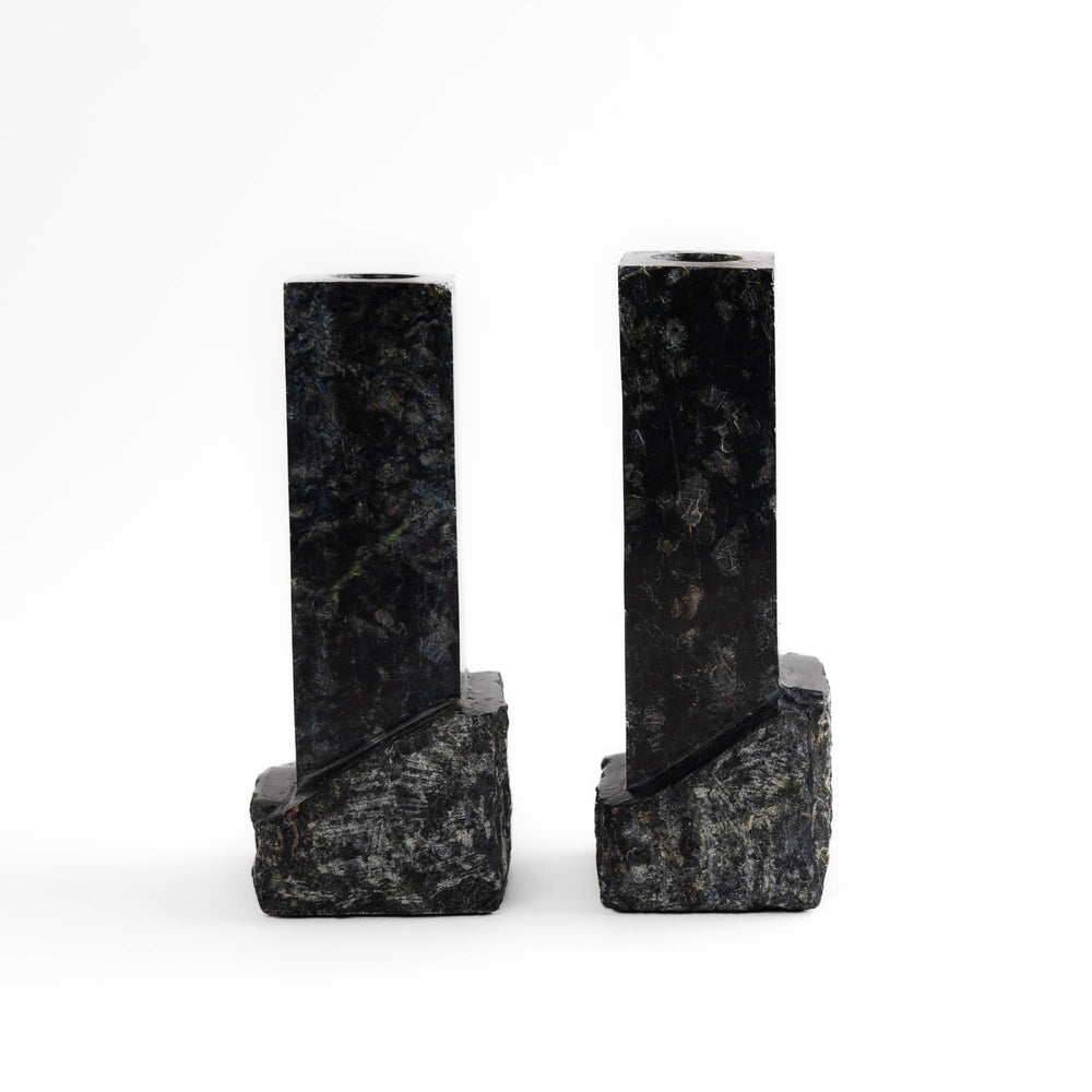 
                  
                    Pair of vintage green and black marble sculptural candleholders
                  
                