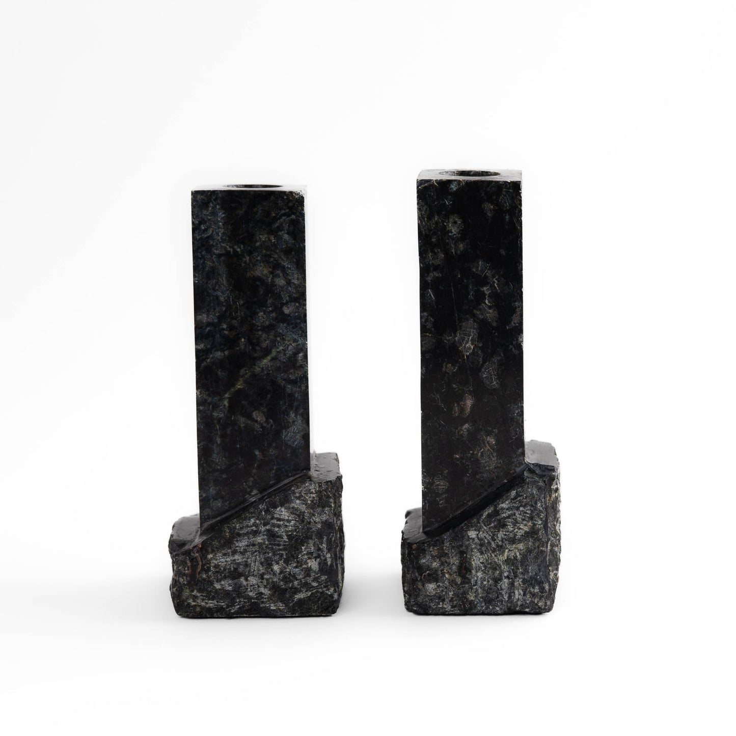 Pair of vintage green and black marble sculptural candleholders