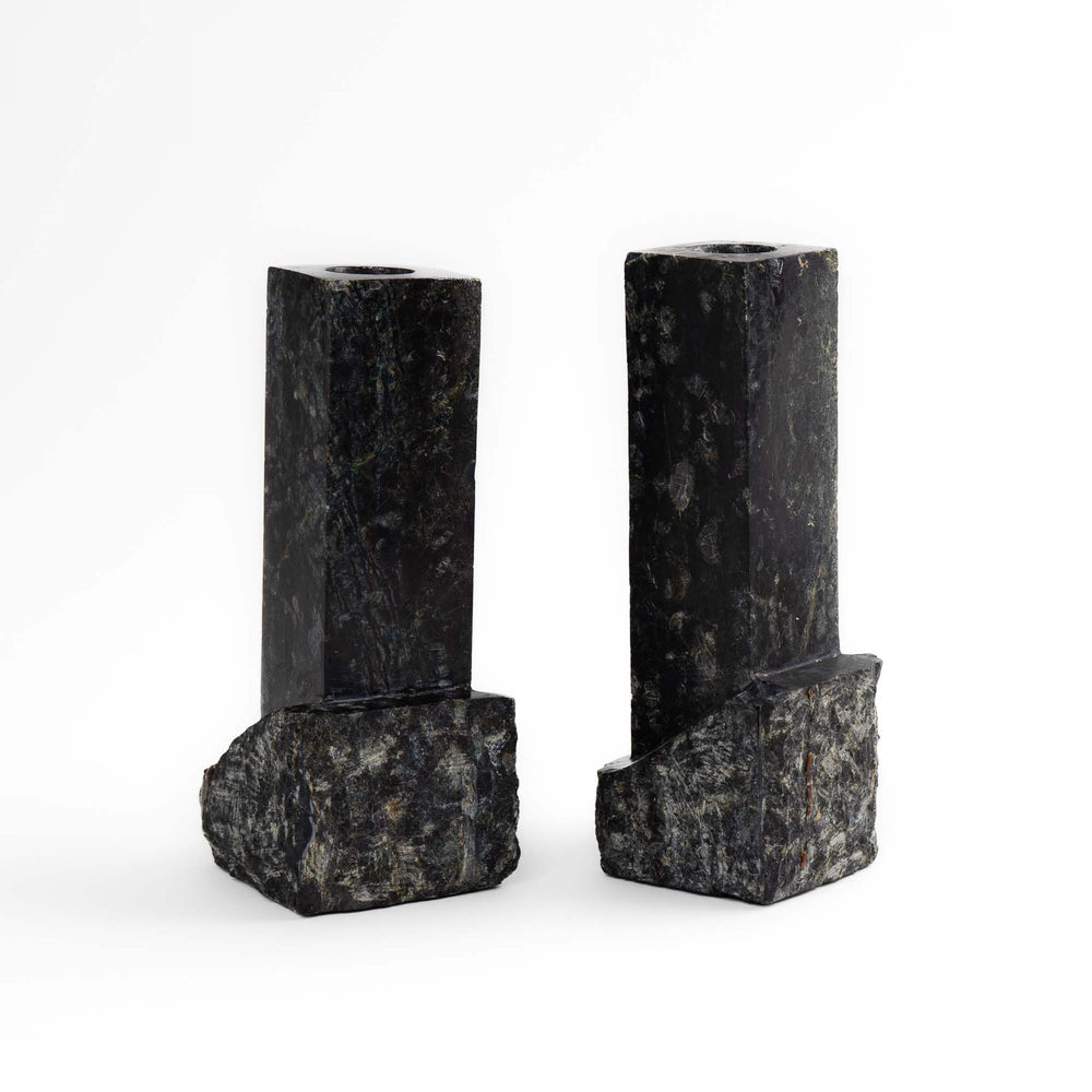 
                  
                    Pair of vintage green and black marble sculptural candleholders
                  
                