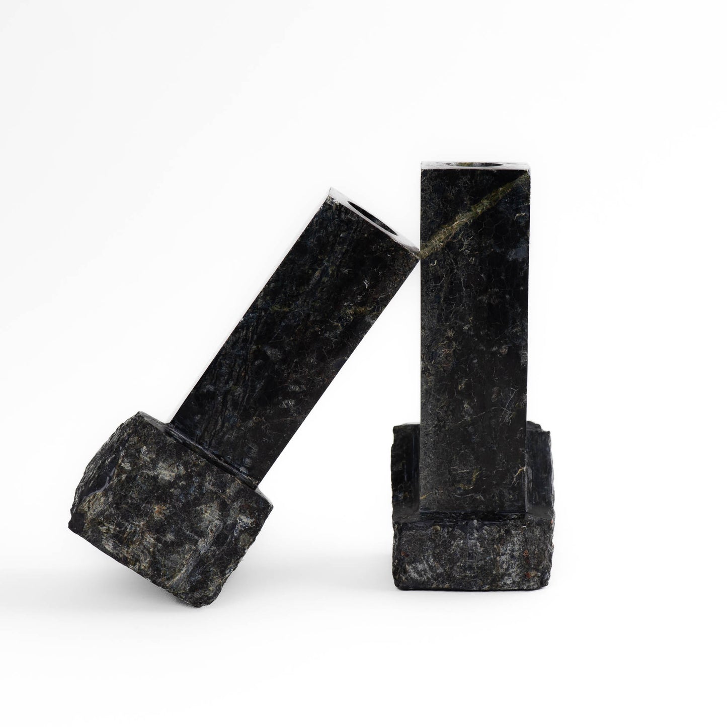 Pair of vintage green and black marble sculptural candleholders
