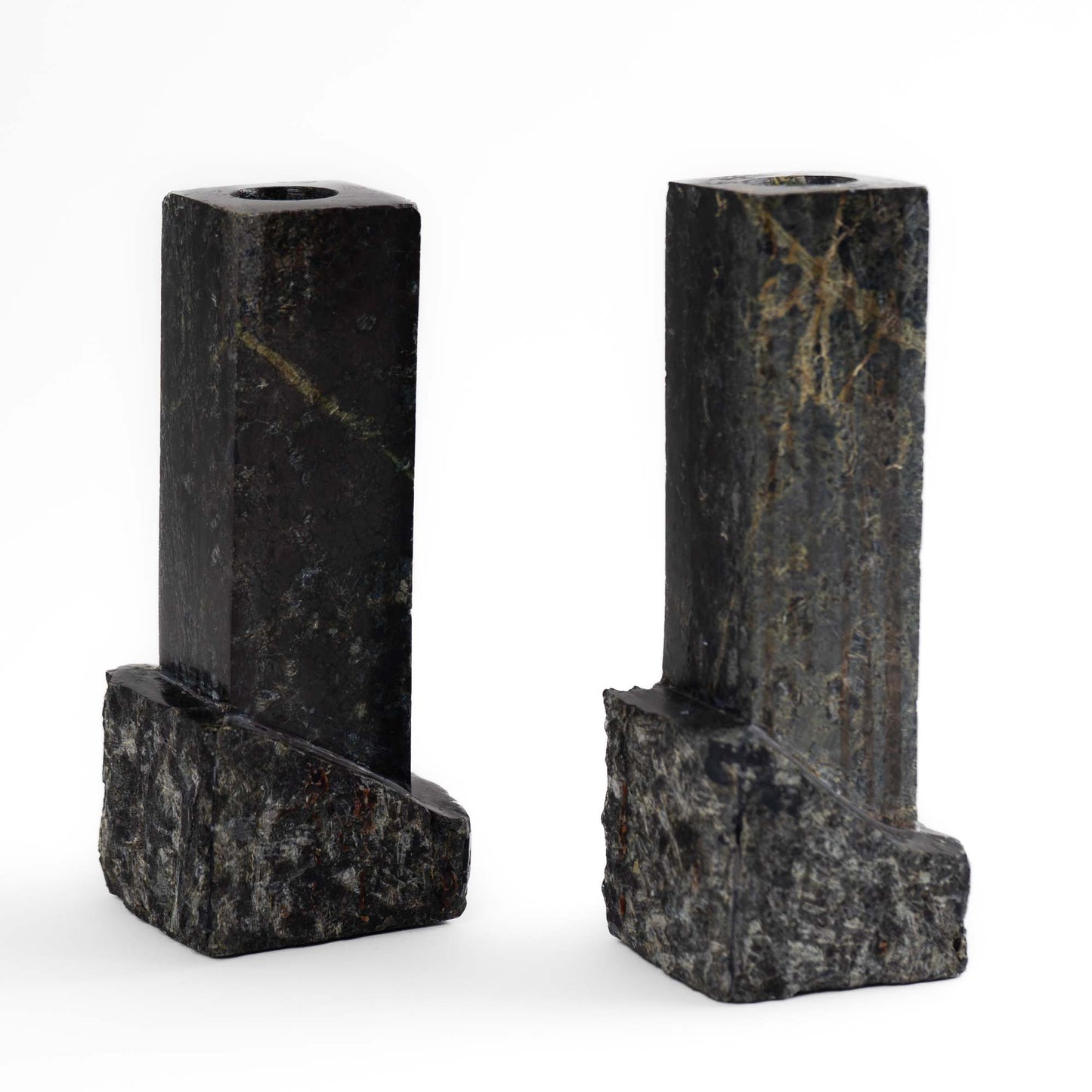 Pair of vintage green and black marble sculptural candleholders