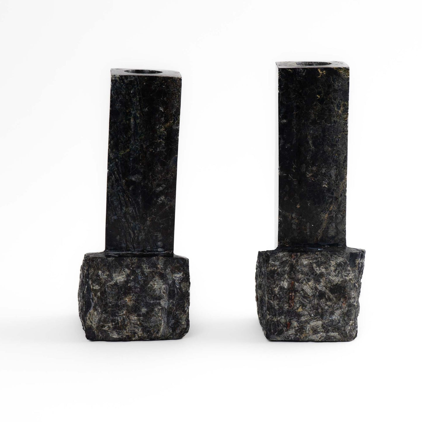 Pair of vintage green and black marble sculptural candleholders