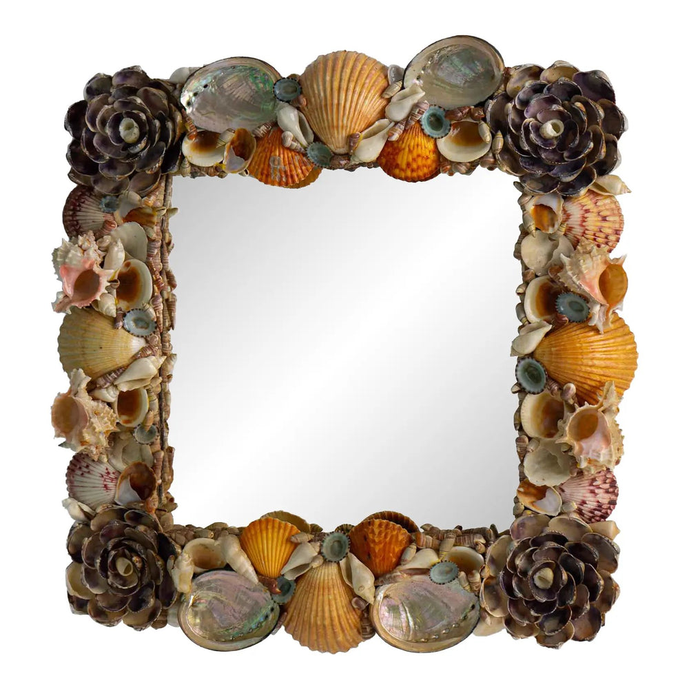 Vintage square mirror encrusted with natural seashells in grotto style, mountable as square or diamond shape
