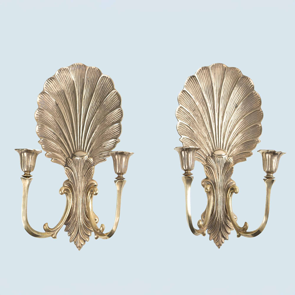 
                  
                    Vintage solid brass wall sconce candleholders with clamshell and scroll design, pair of two, each holding two taper candles
                  
                