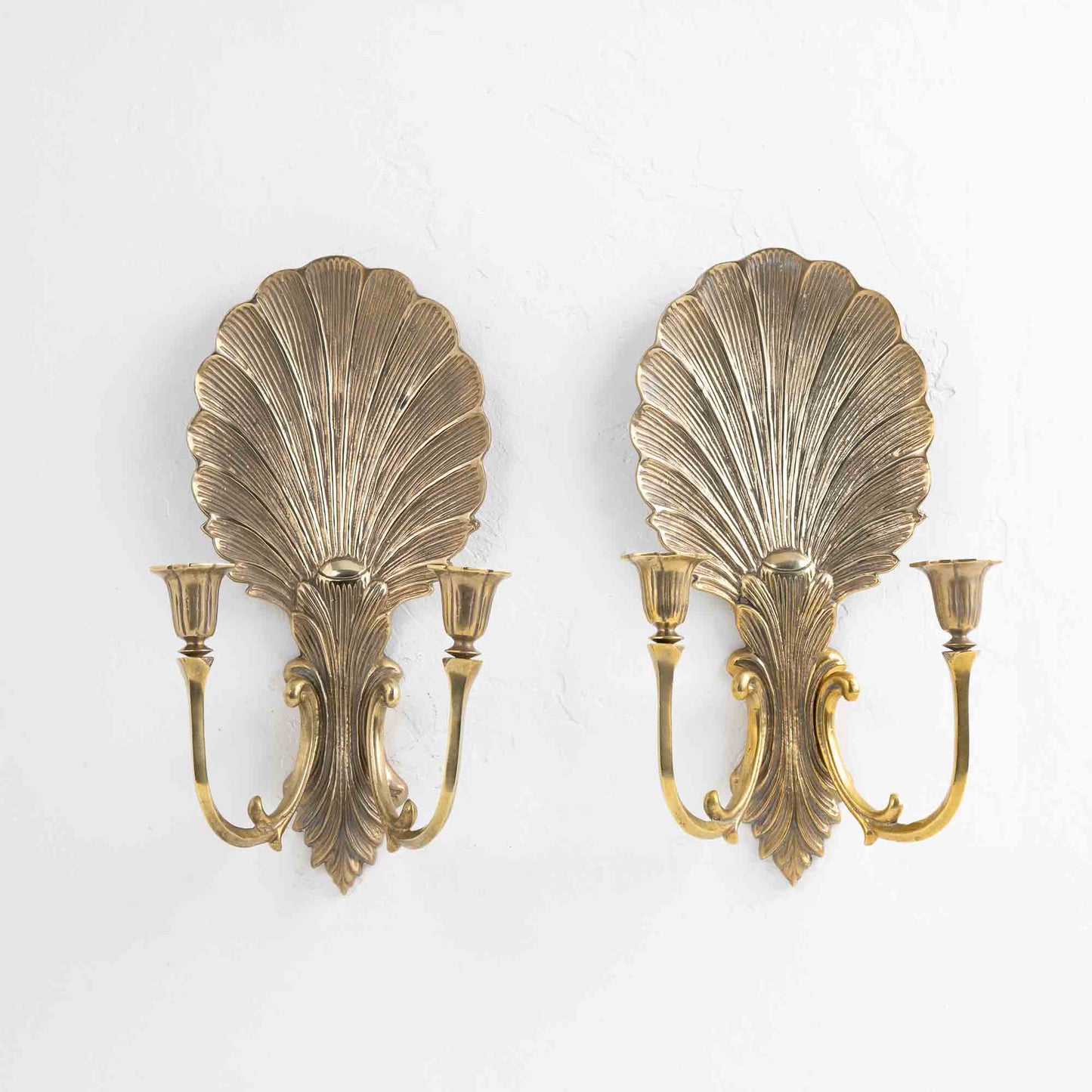 Vintage solid brass wall sconce candleholders with clamshell and scroll design, pair of two, each holding two taper candles