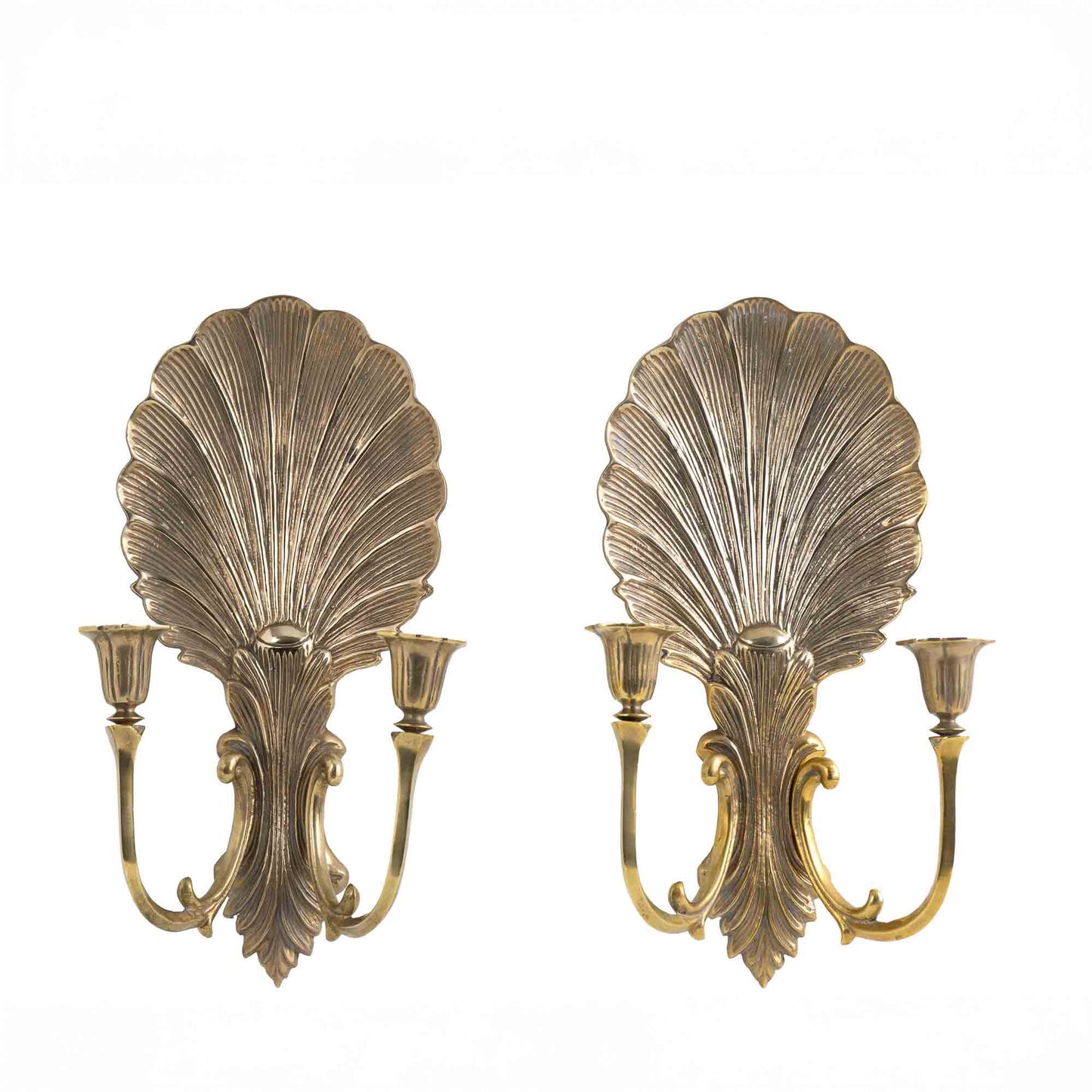 Vintage solid brass wall sconce candleholders with clamshell and scroll design, pair of two, each holding two taper candles