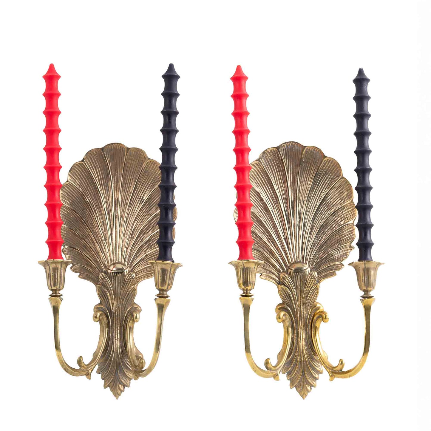 Vintage solid brass wall sconce candleholders with clamshell and scroll design, pair of two, each holding two taper candles