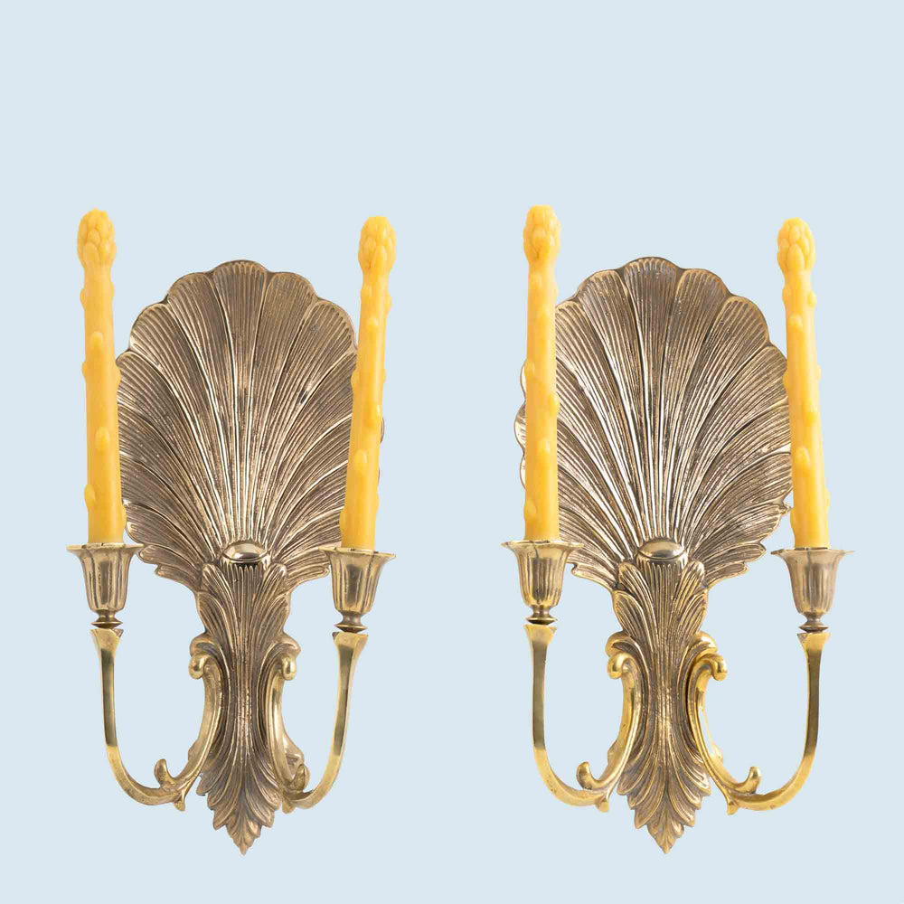 
                  
                    Vintage solid brass wall sconce candleholders with clamshell and scroll design, pair of two, each holding two taper candles
                  
                