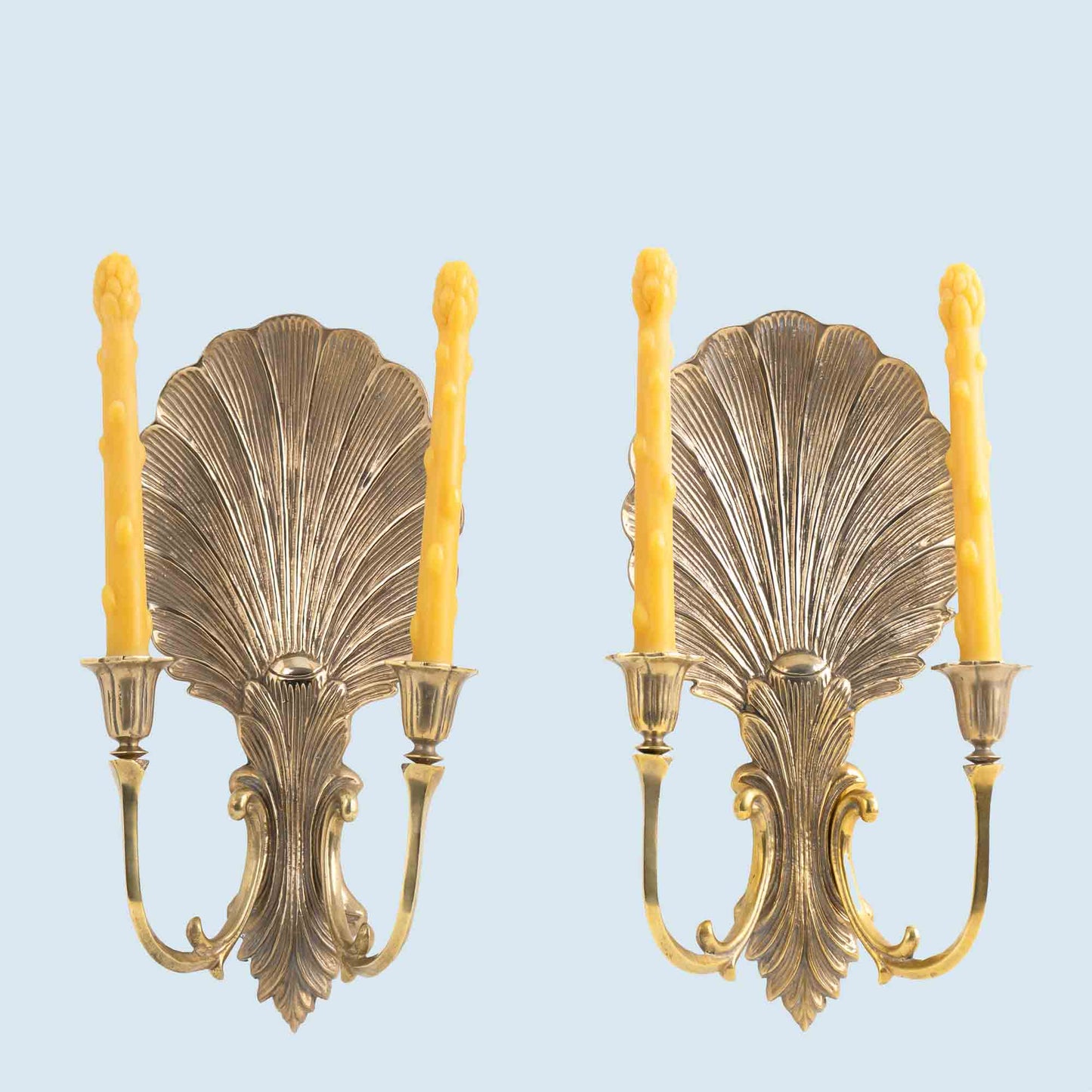 Vintage solid brass wall sconce candleholders with clamshell and scroll design, pair of two, each holding two taper candles