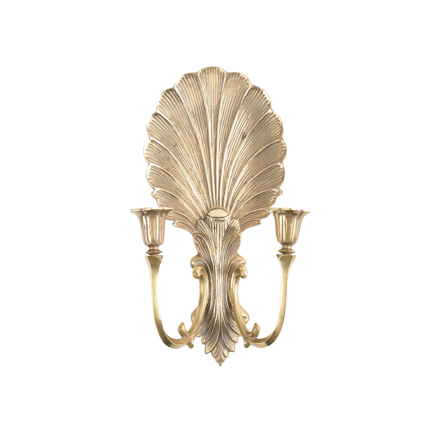 Vintage solid brass wall sconce candleholders with clamshell and scroll design, pair of two, each holding two taper candles