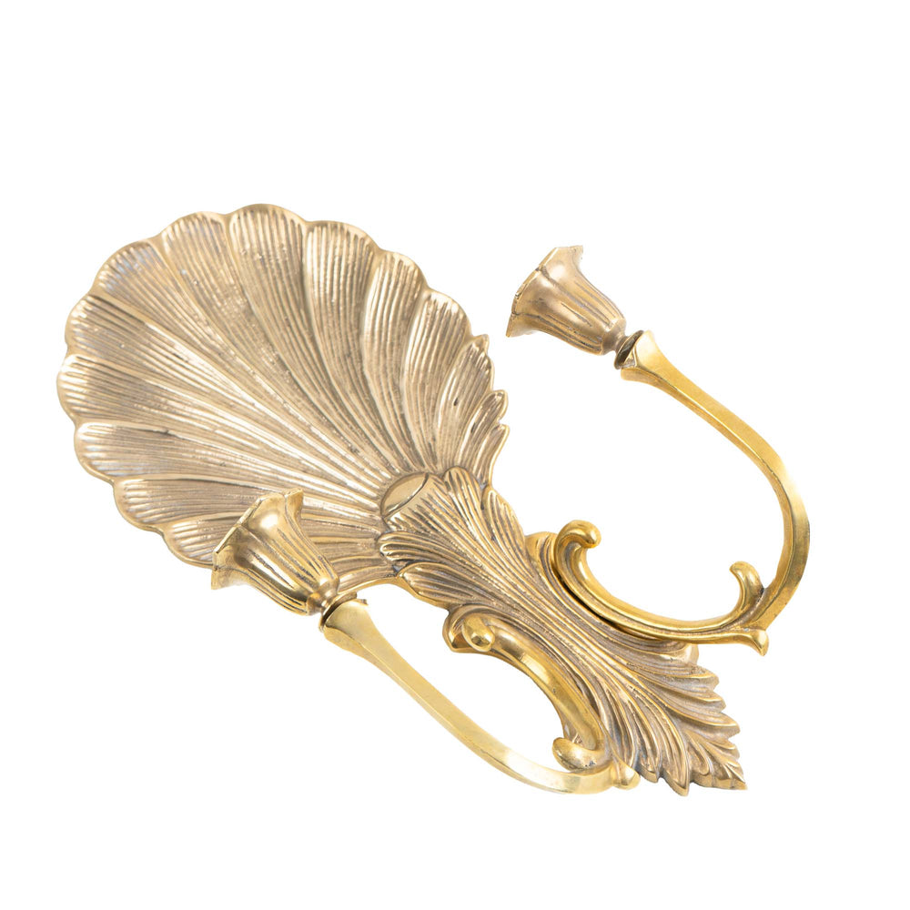 
                  
                    Vintage solid brass wall sconce candleholders with clamshell and scroll design, pair of two, each holding two taper candles
                  
                