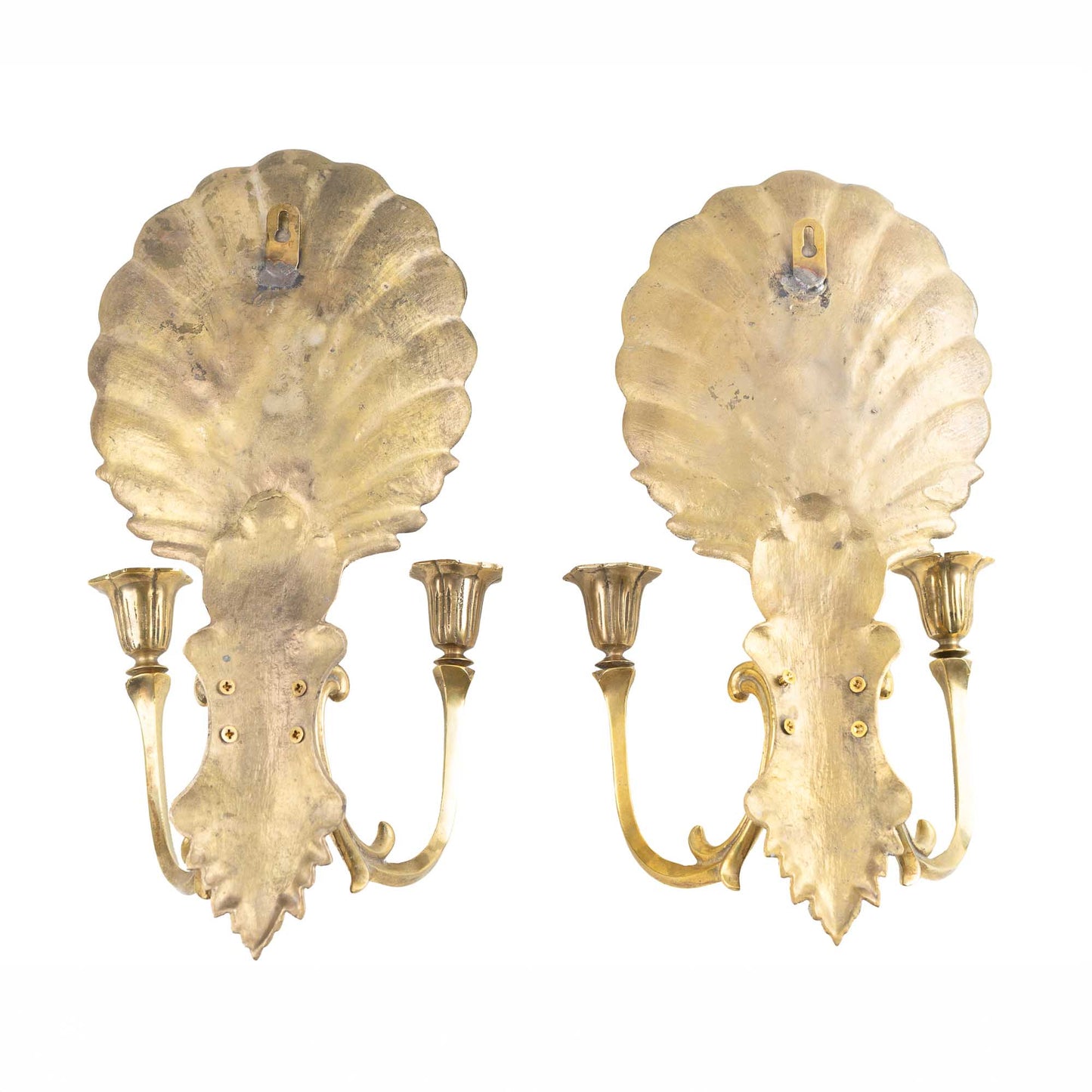 Vintage solid brass wall sconce candleholders with clamshell and scroll design, pair of two, each holding two taper candles