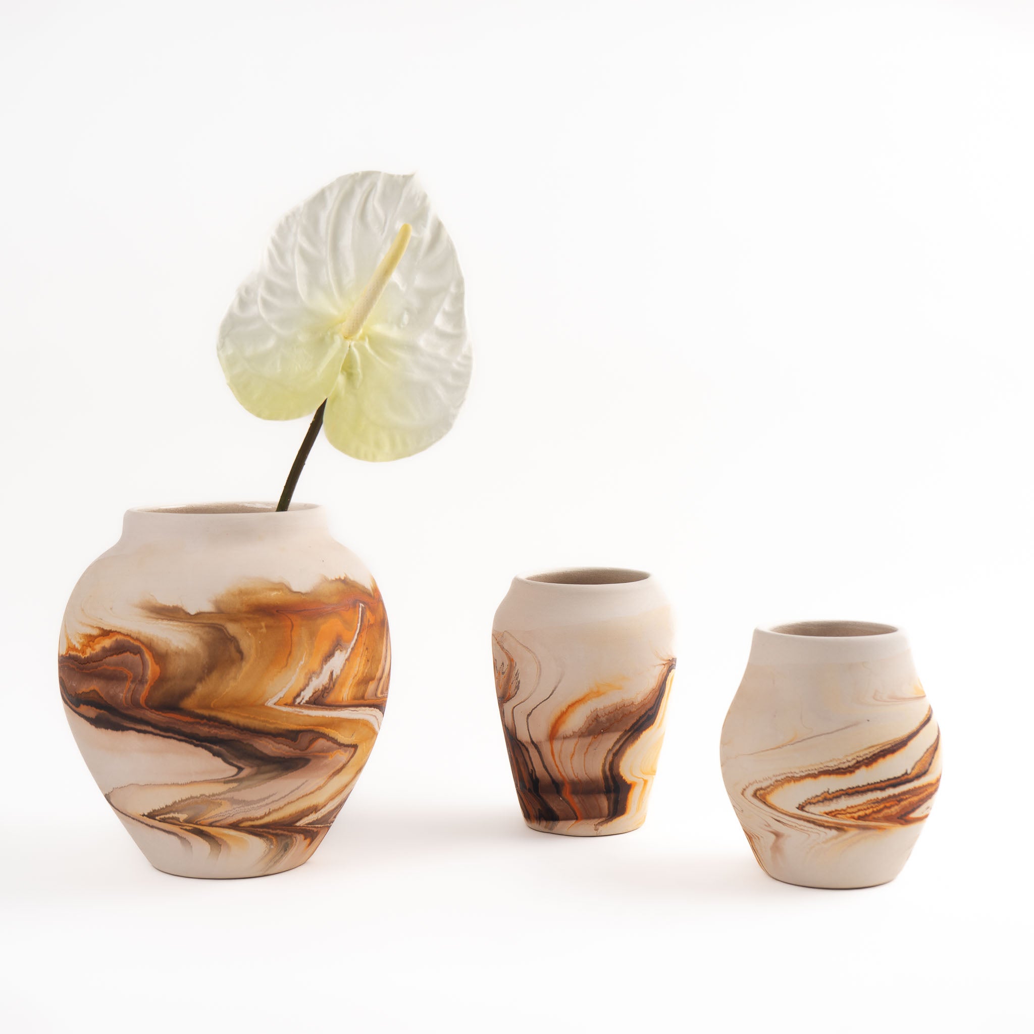 Vintage Nemadji Pottery Vase Set of 3 - Mid-Century Swirl Design