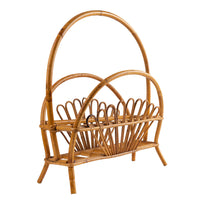 Vintage Franco Albini style rattan magazine rack from the 1960s featuring an elegant fan arch design, perfect for bohemian home decor