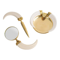 Vintage Italian brass and white horn desk accessories set including circular ashtray with horn details, magnifying glass and letter opener
