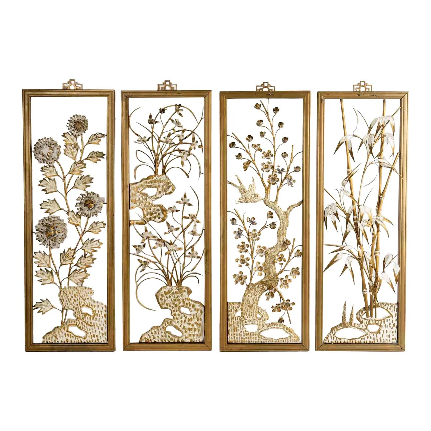 Vintage mid-century dimensional metal flower wall art in gold-tone wooden frames, featuring sculpted gold and cream botanical elements, circa 1950s-1960s