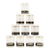 Set of vintage Culver Devon Black double old fashioned glasses with gold stripes and black bands