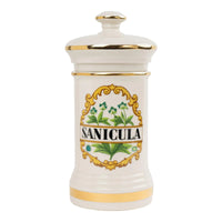 Vintage 1970s off-white ceramic gold trimmed apothecary jar with lid, featuring a Sanicula botanical crest graphic