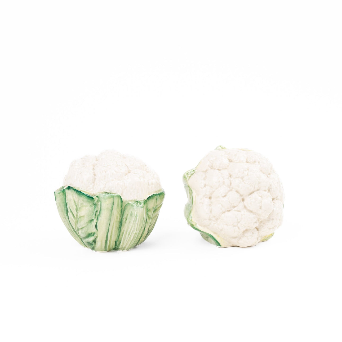 Vintage Fitz and Floyd majolica ceramic cauliflower salt and pepper shakers from 1989, featuring detailed botanical sculpting and lustrous glazed finish