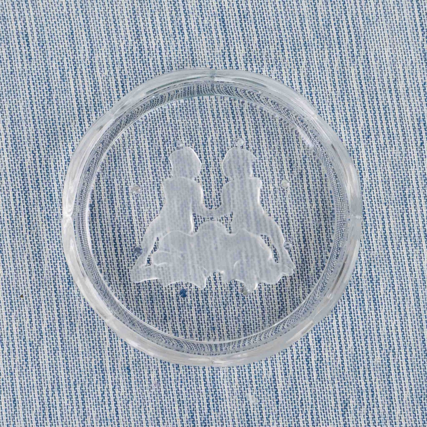 Gemini crystal coaster by Val Saint Lambert, featuring scalloped edges and frosted intaglio design