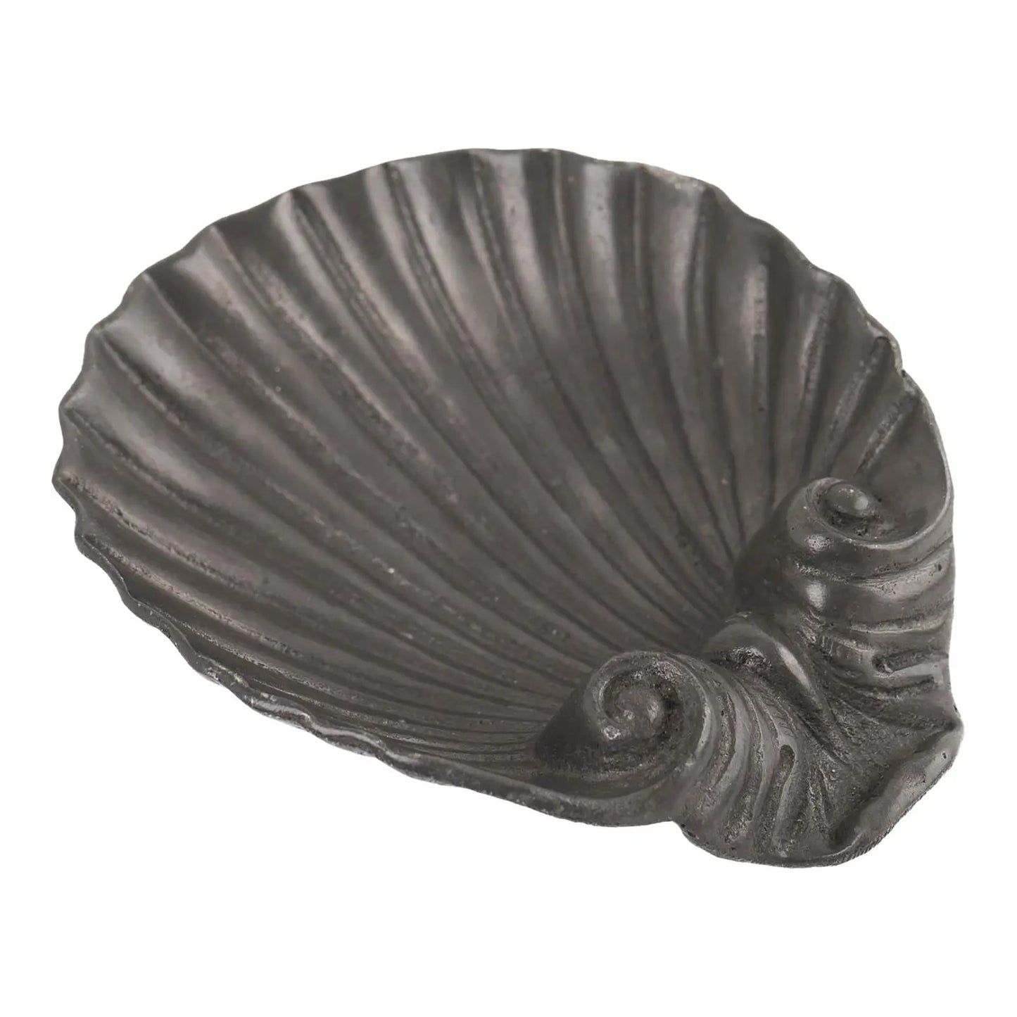 Vintage pewter seashell-shaped catchall dish from 1960s Portugal displayed on white background