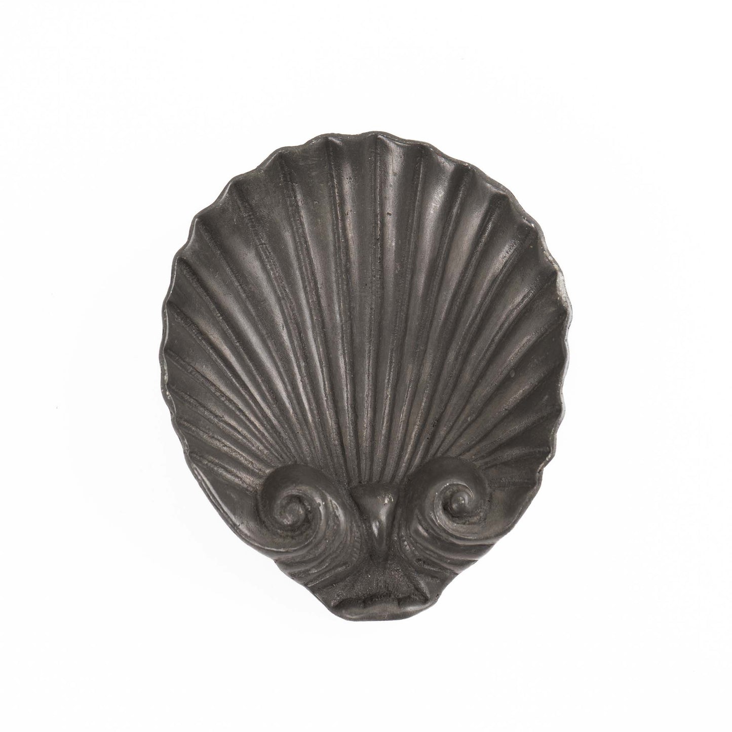 Vintage pewter seashell-shaped catchall dish from 1970s Portugal displayed on white background