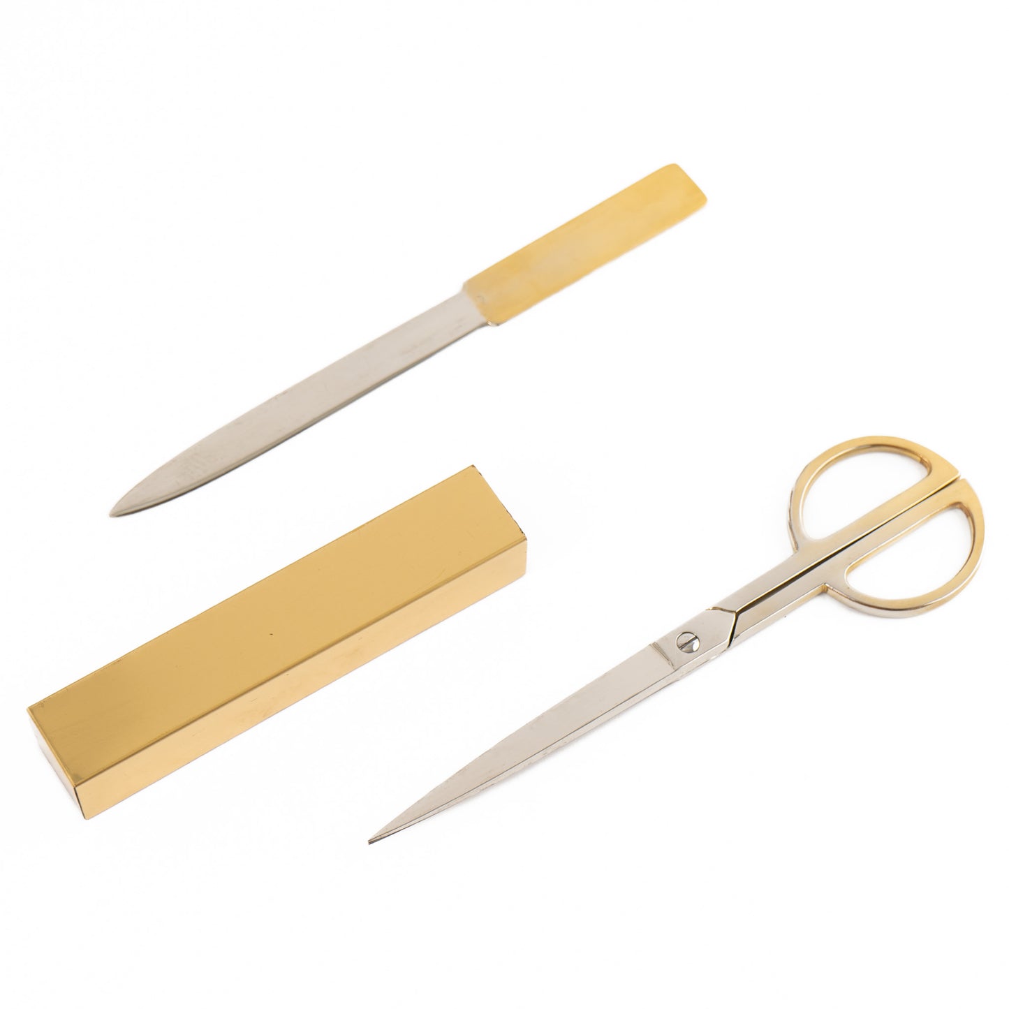  Vintage Italian brass-plated scissors and letter opener set displayed with original protective case, showing elegant desk accessories made in Italy