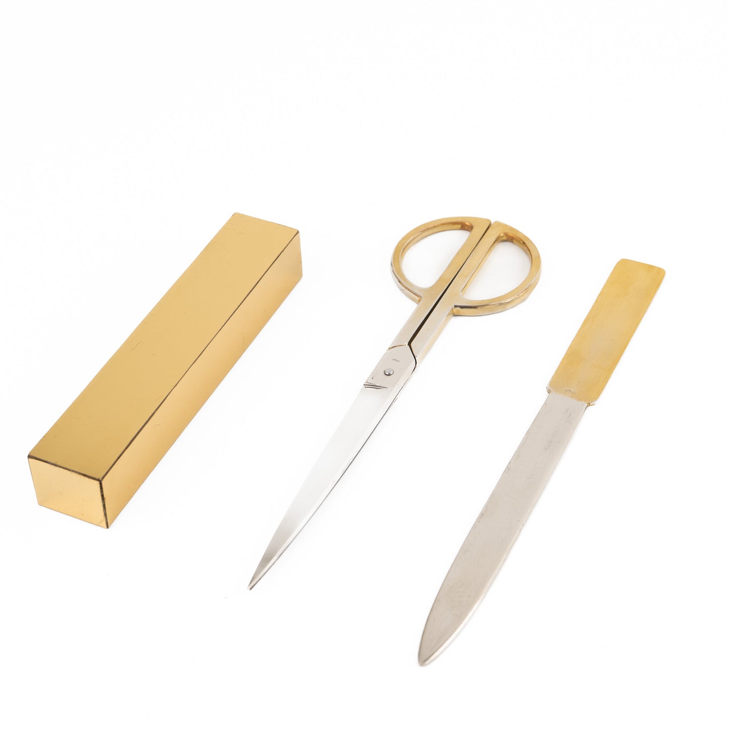  Vintage Italian brass-plated scissors and letter opener set displayed with original protective case, showing elegant desk accessories made in Italy