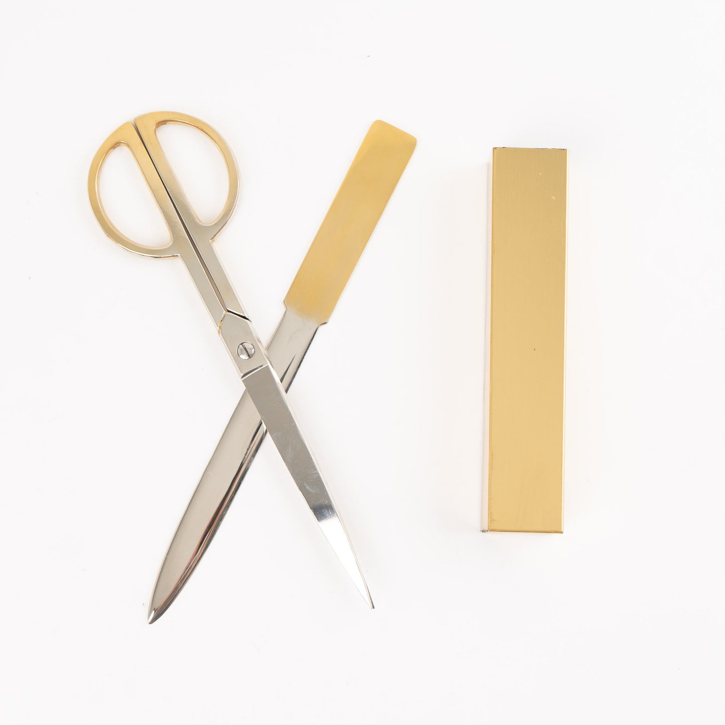  Vintage Italian brass-plated scissors and letter opener set displayed with original protective case, showing elegant desk accessories made in Italy