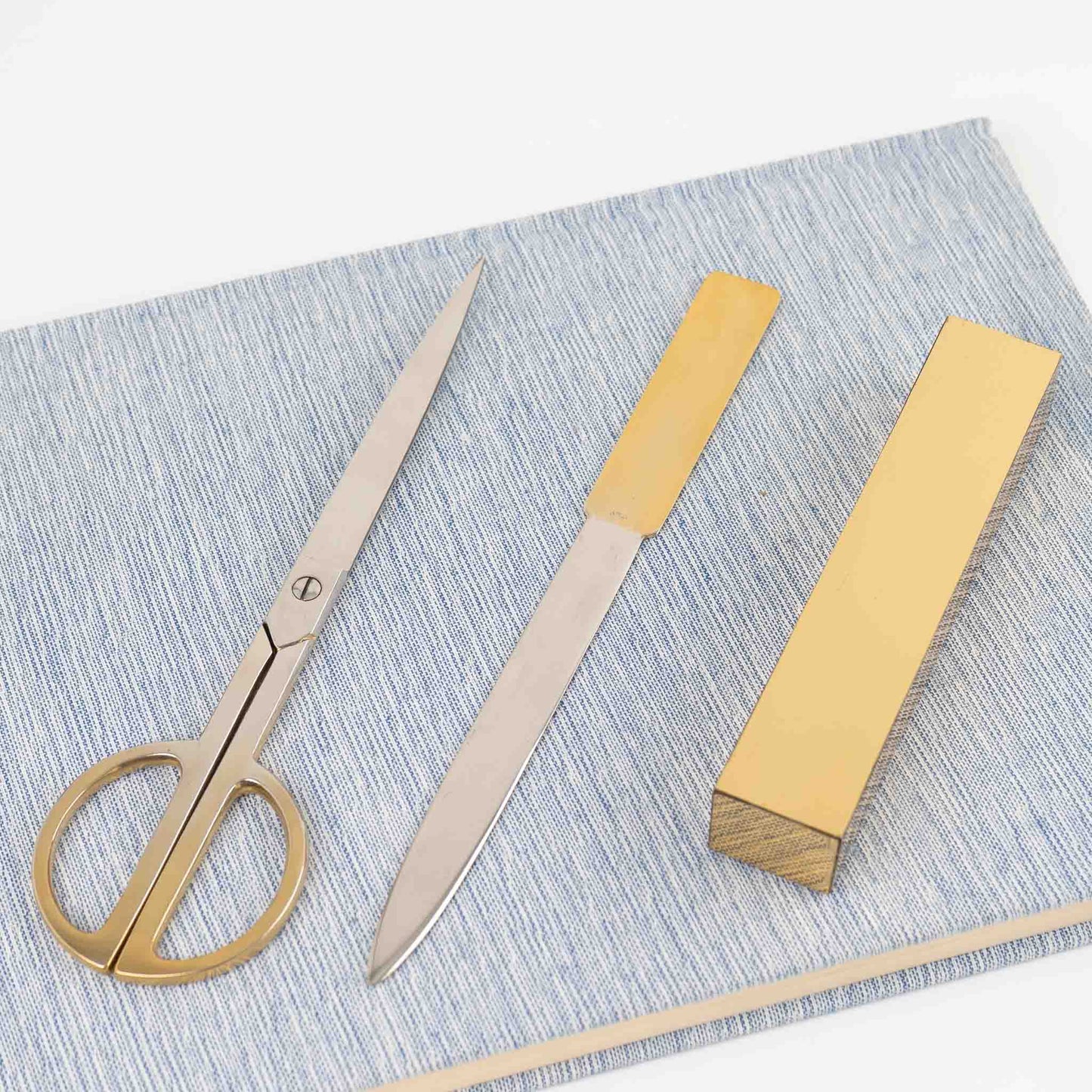  Vintage Italian brass-plated scissors and letter opener set displayed with original protective case, showing elegant desk accessories made in Italy