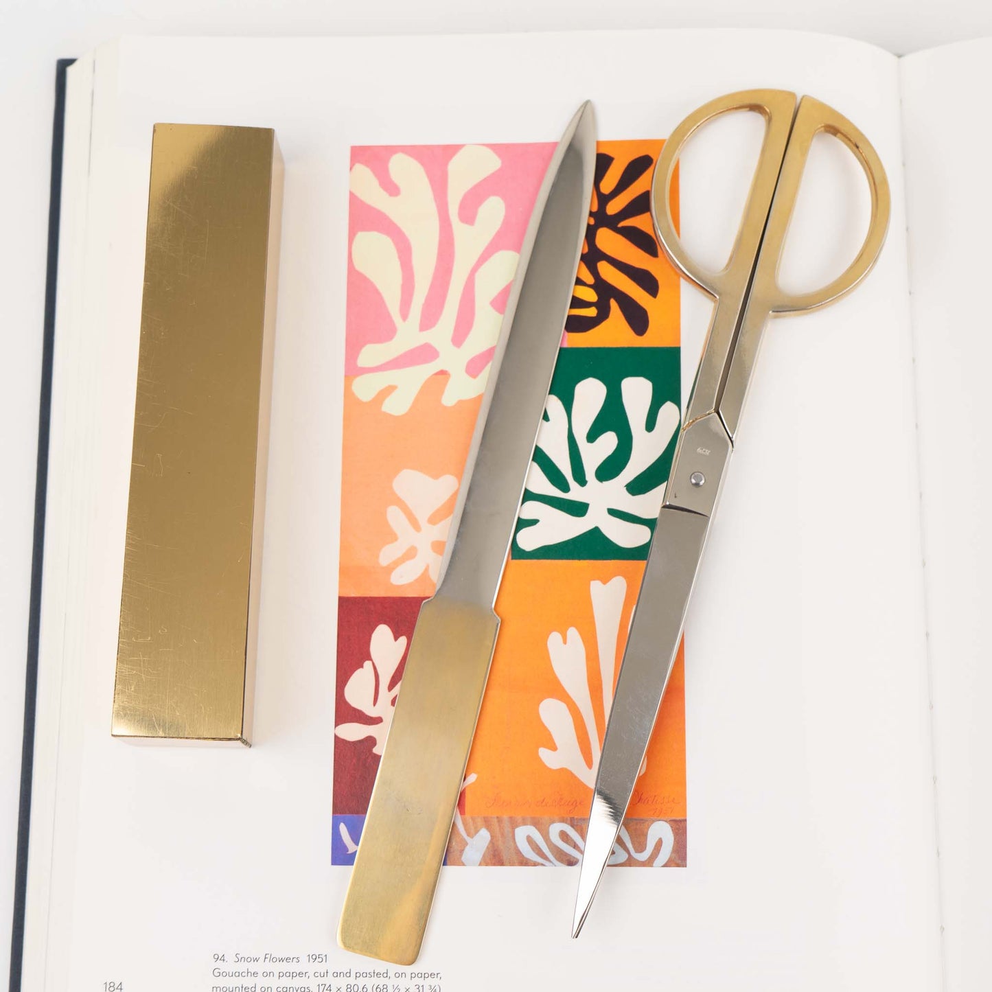  Vintage Italian brass-plated scissors and letter opener set displayed with original protective case, showing elegant desk accessories made in Italy