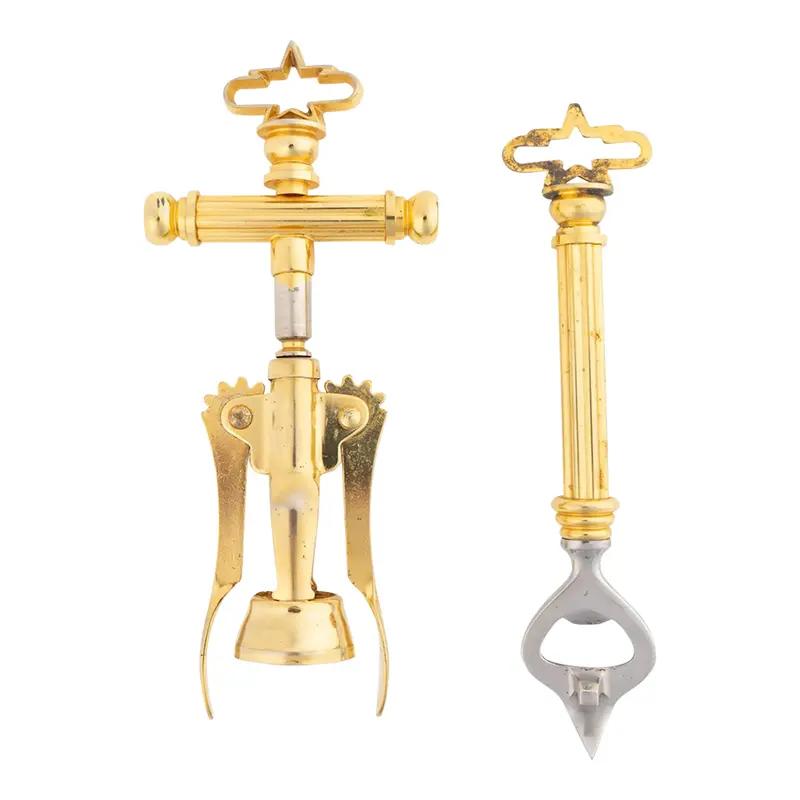 Vintage Italian brass corkscrew and bottle opener set from the 1970s-80s, showing elegant brass-plated metal construction