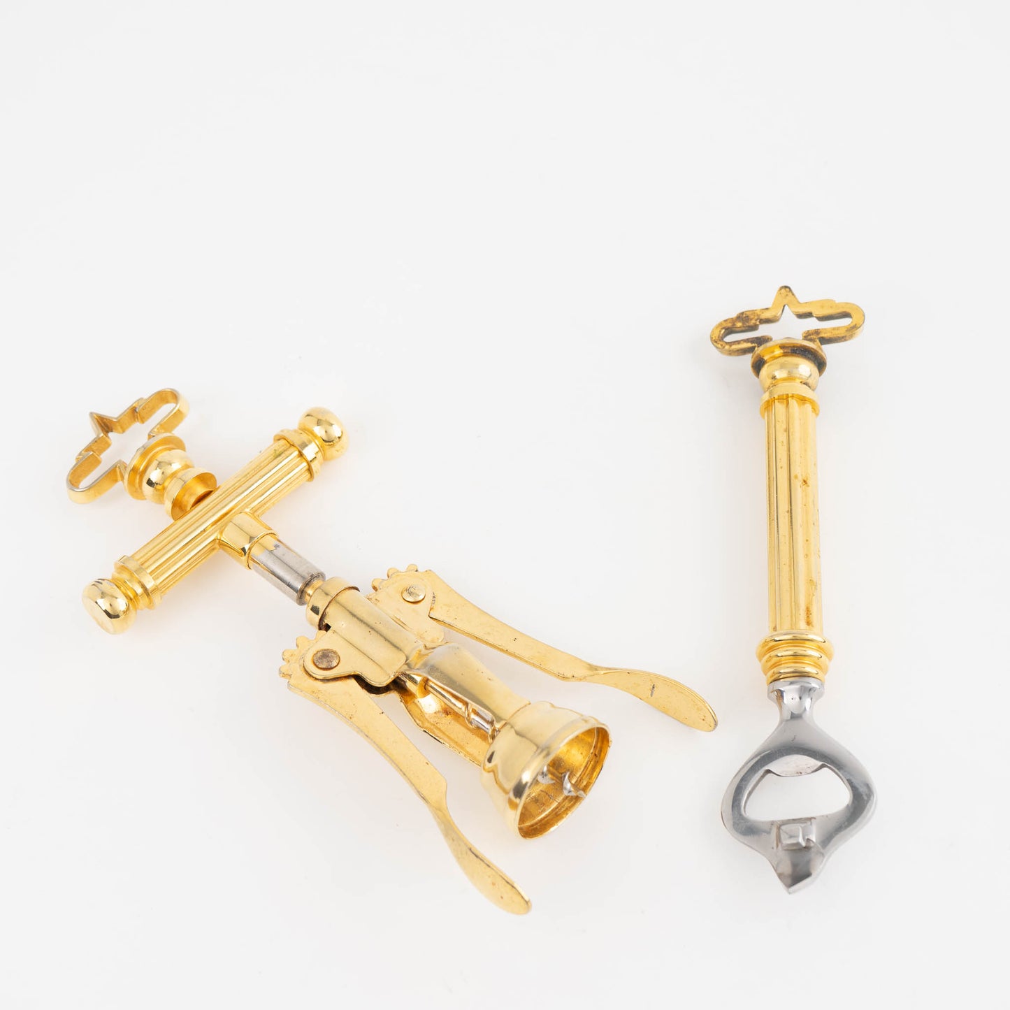 Vintage Italian brass corkscrew and bottle opener set from the 1970s-80s, gold barware tools