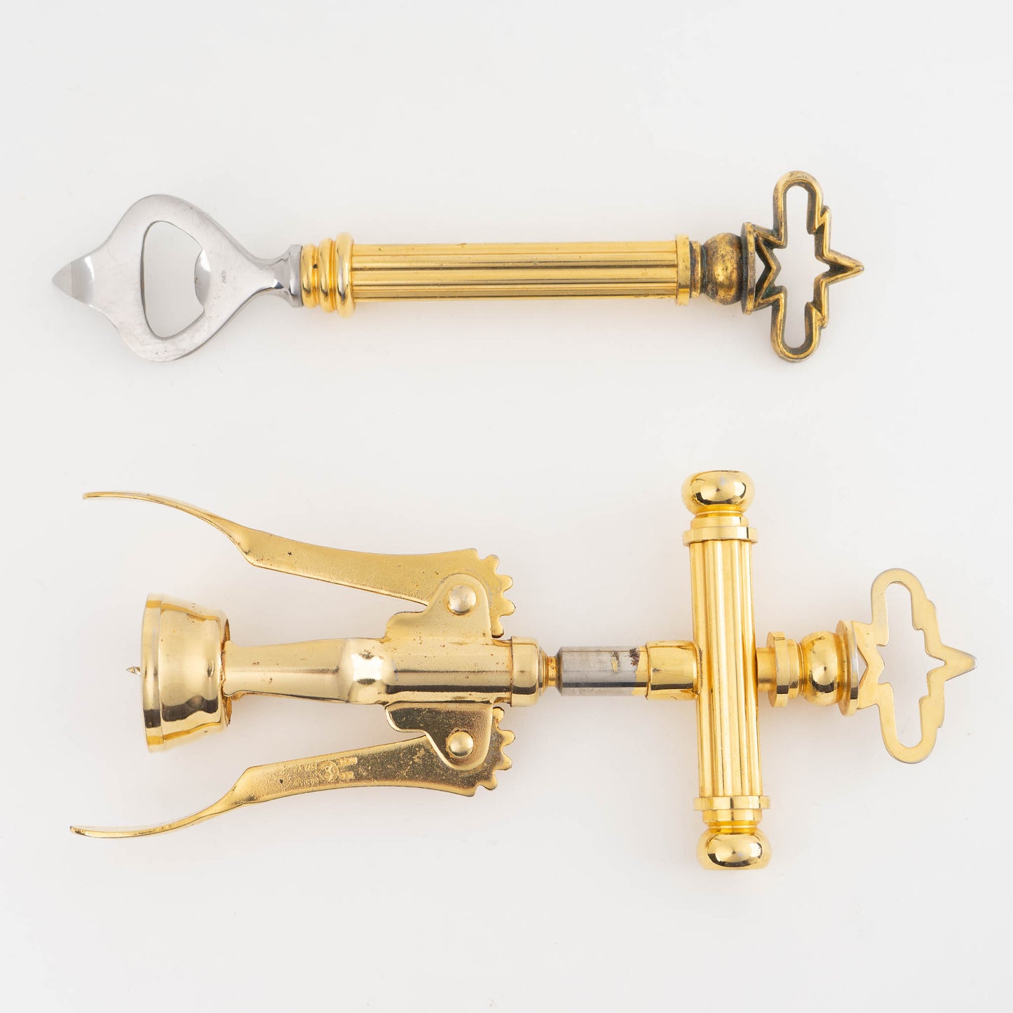 Vintage Italian brass corkscrew and bottle opener set from the 1970s-80s, showing elegant brass-plated metal construction