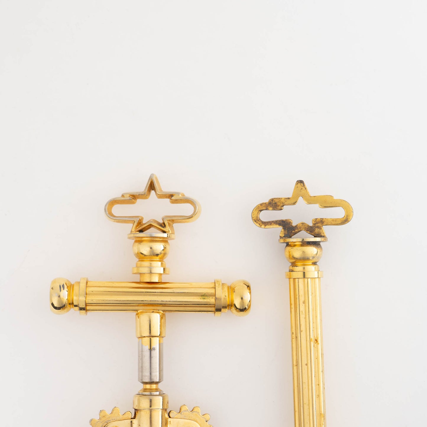 Vintage Italian brass corkscrew and bottle opener set from the 1970s-80s, showing elegant brass-plated metal construction