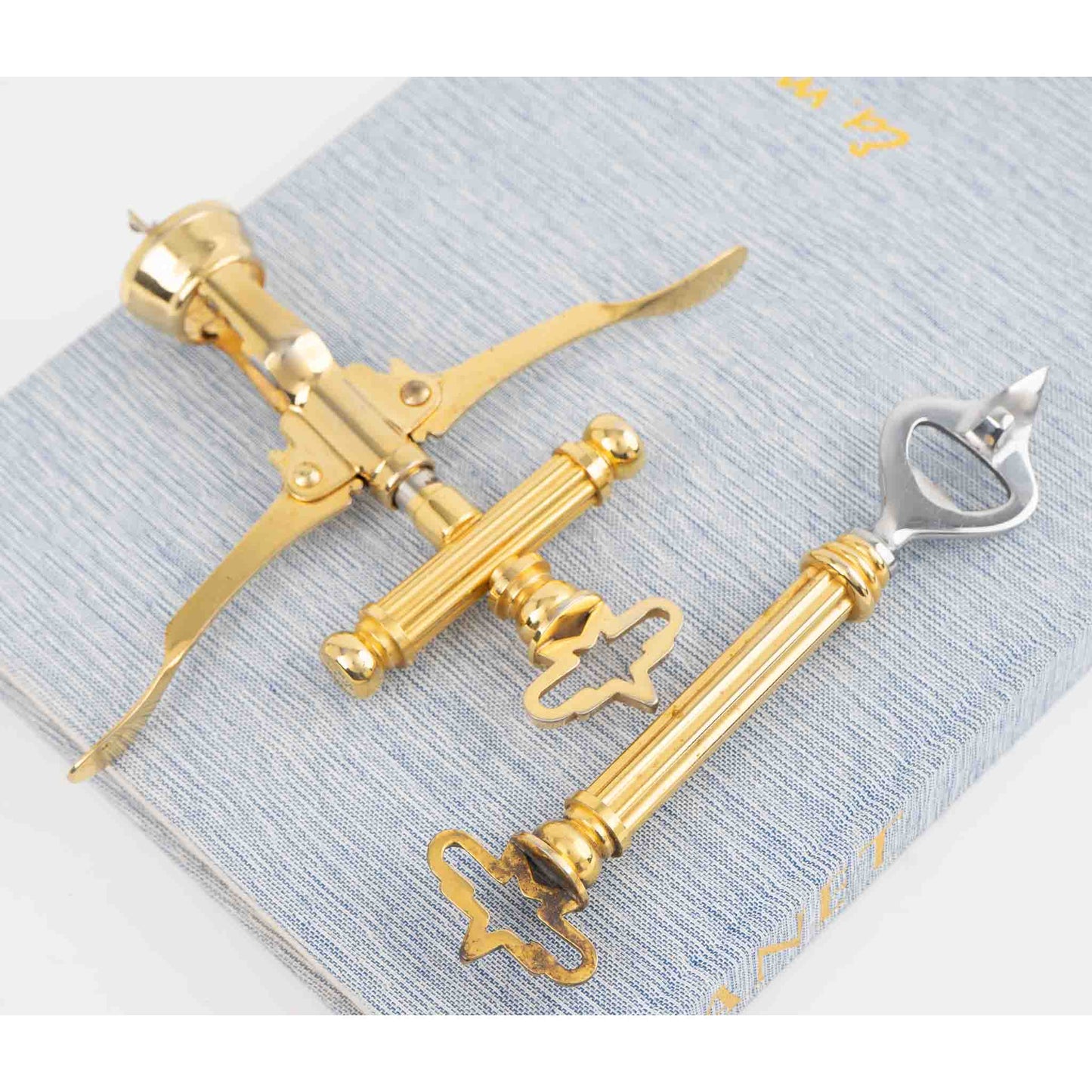 Vintage Italian brass corkscrew and bottle opener set from the 1970s-80s, barware tools 