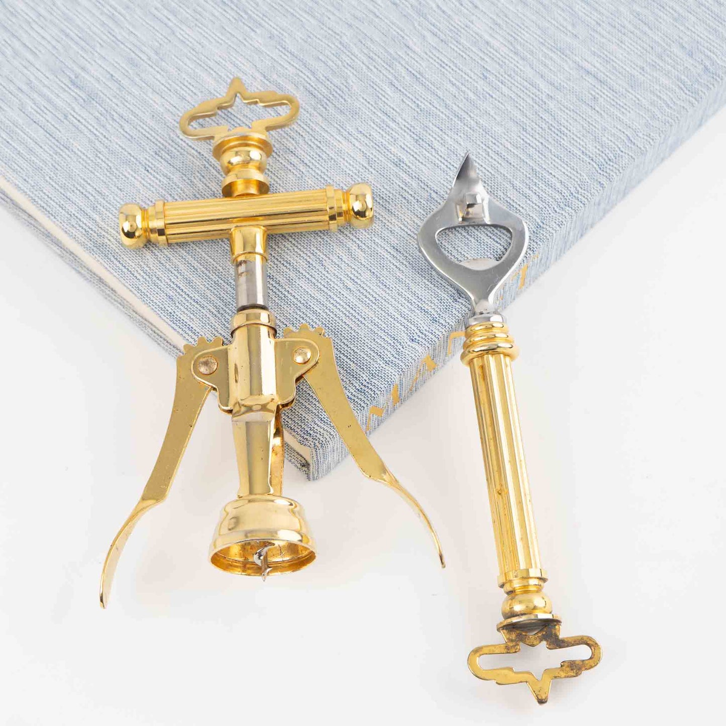Vintage Italian brass corkscrew and bottle opener set from the 1970s-1980s