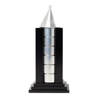 Vintage black building-shaped napkin ring holder displaying six silver metal napkin rings for elegant table setting storage