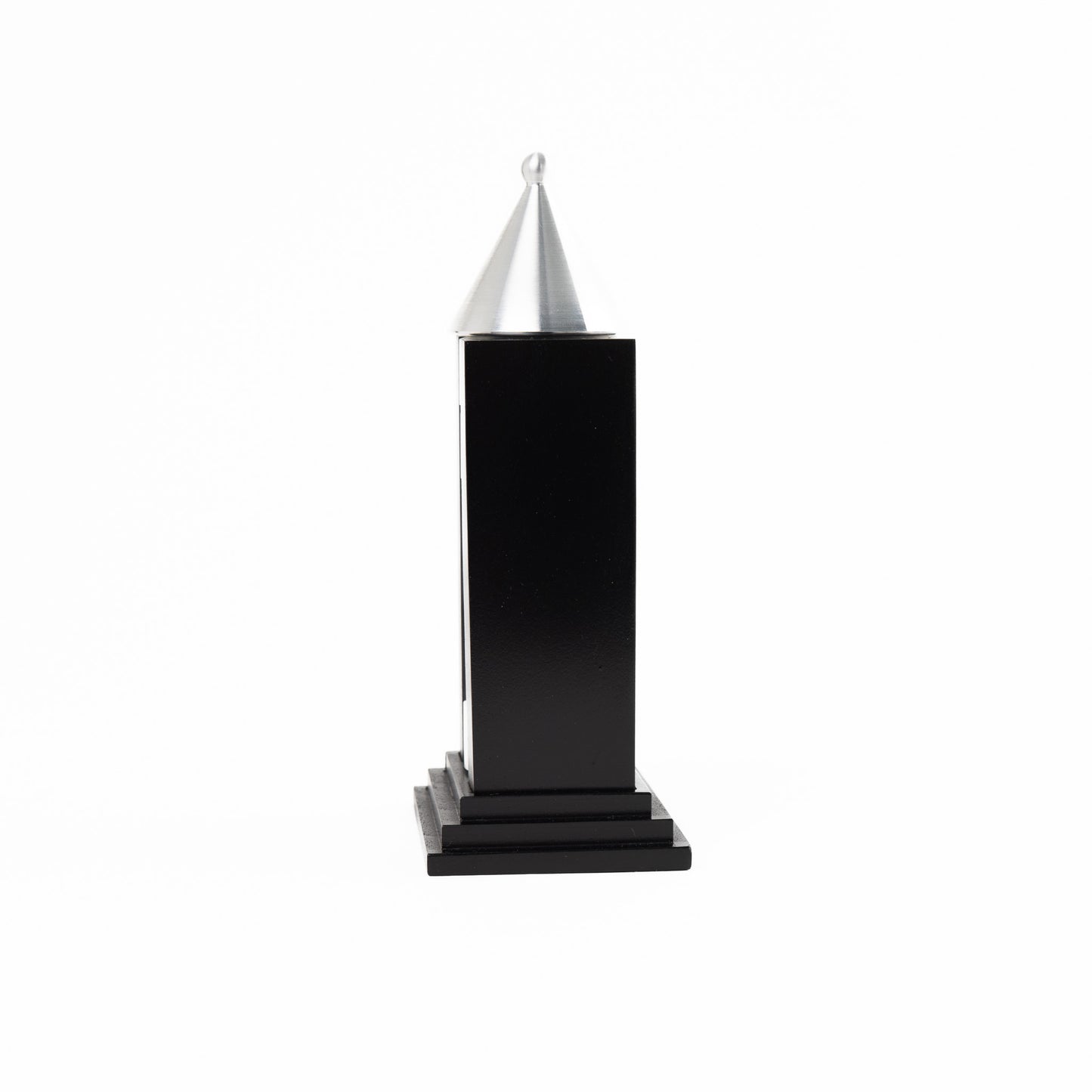 Vintage black building-shaped napkin ring holder displaying six silver metal napkin rings for elegant table setting storage