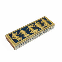 Vintage metal decorative box with Greek dancing muses design and sliding wooden interior compartment for jewelry storage