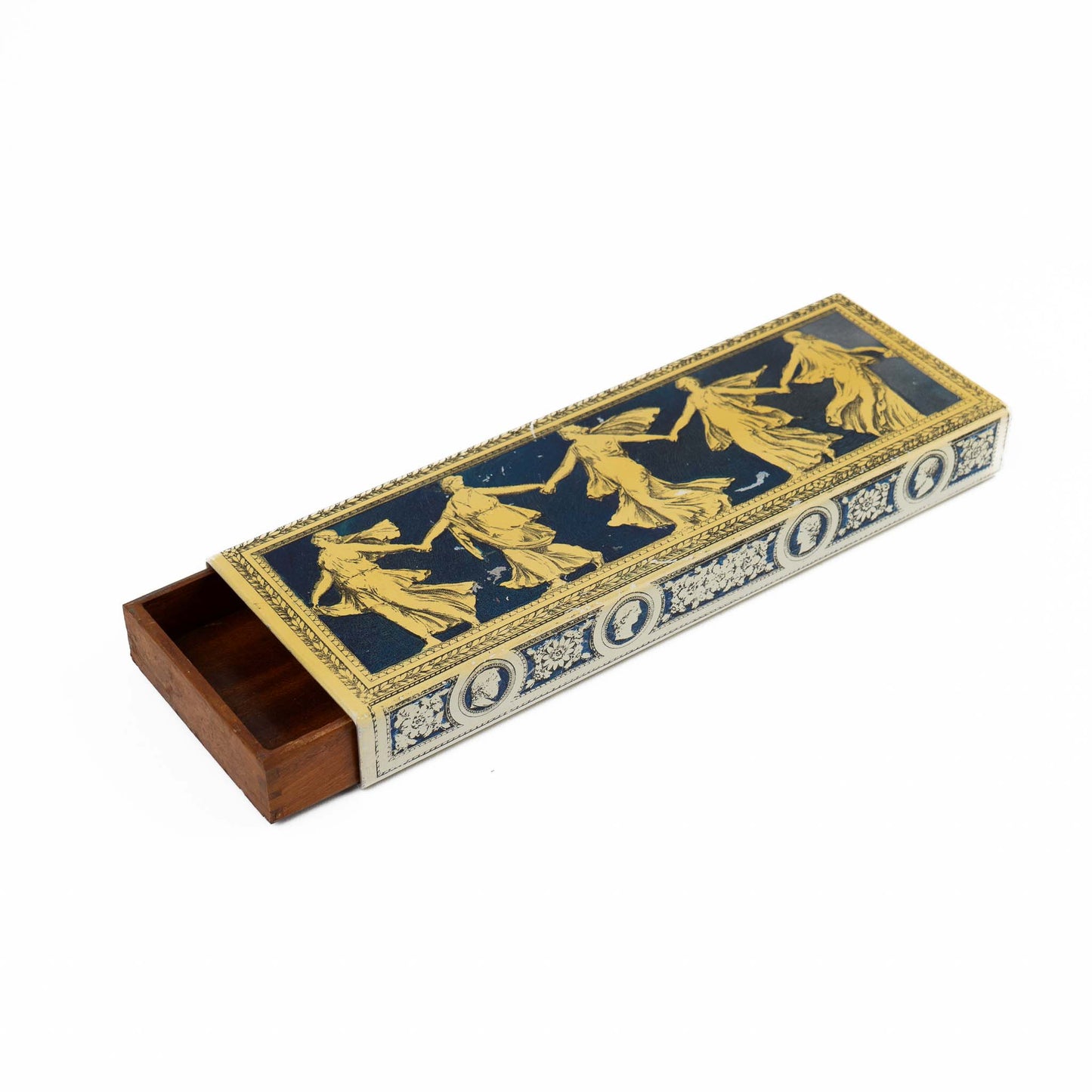 Vintage metal decorative box with Greek dancing muses design and sliding wooden interior compartment for trinket storage 