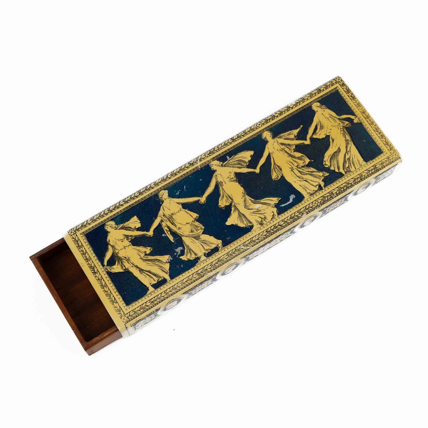 Vintage metal decorative box with Greek dancing muses design and sliding wooden interior compartment for jewelry storage