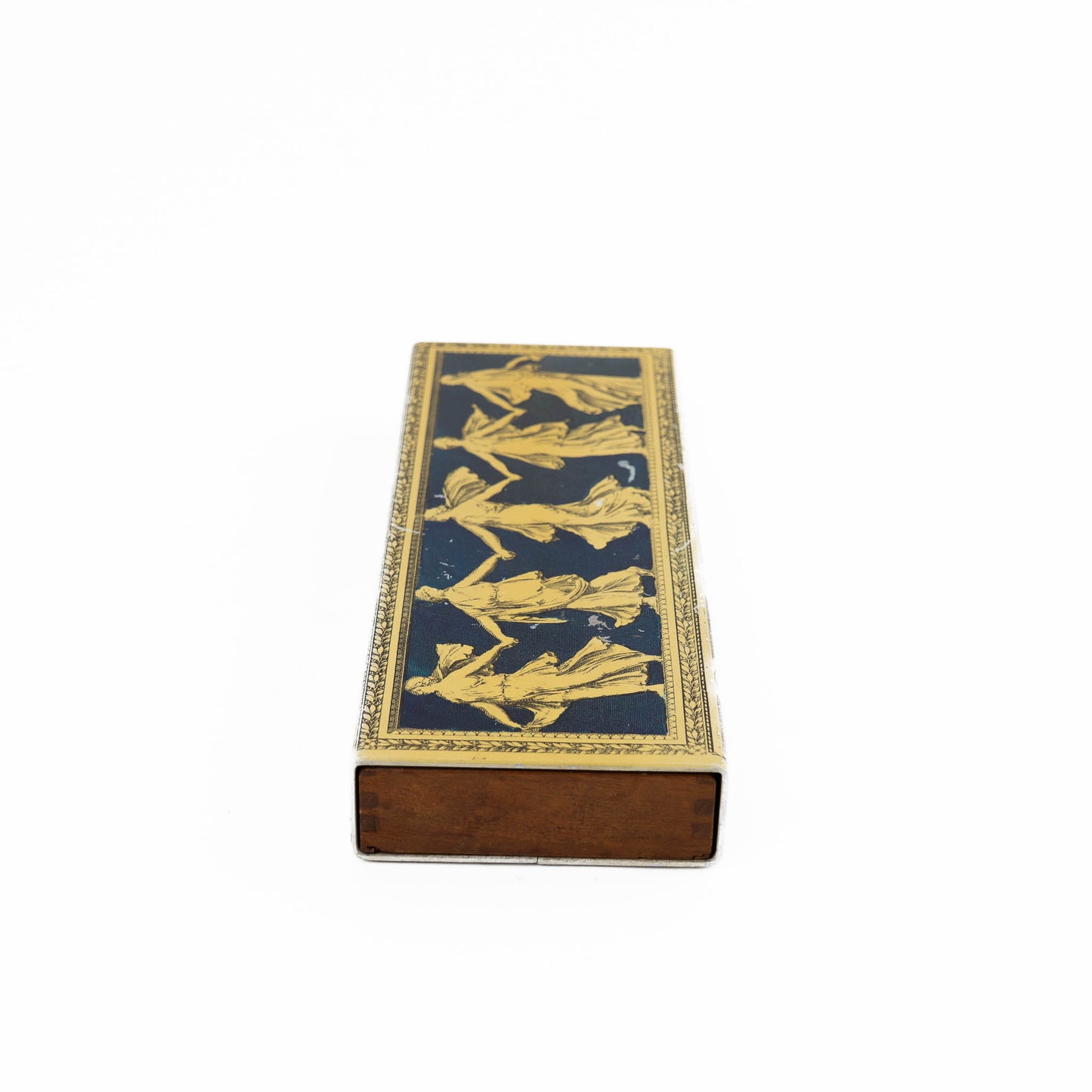 Vintage metal decorative box with Greek dancing muses design and sliding wooden interior compartment for jewelry storage