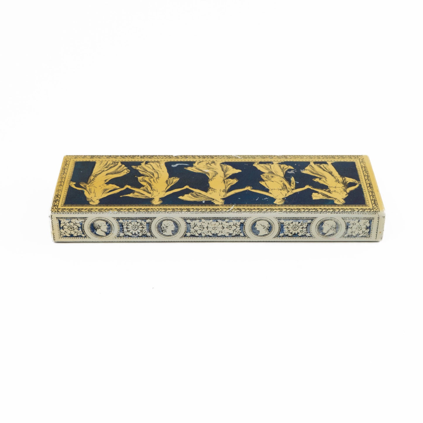 Vintage metal decorative box with Greek dancing muses design and sliding wooden interior compartment for jewelry storage