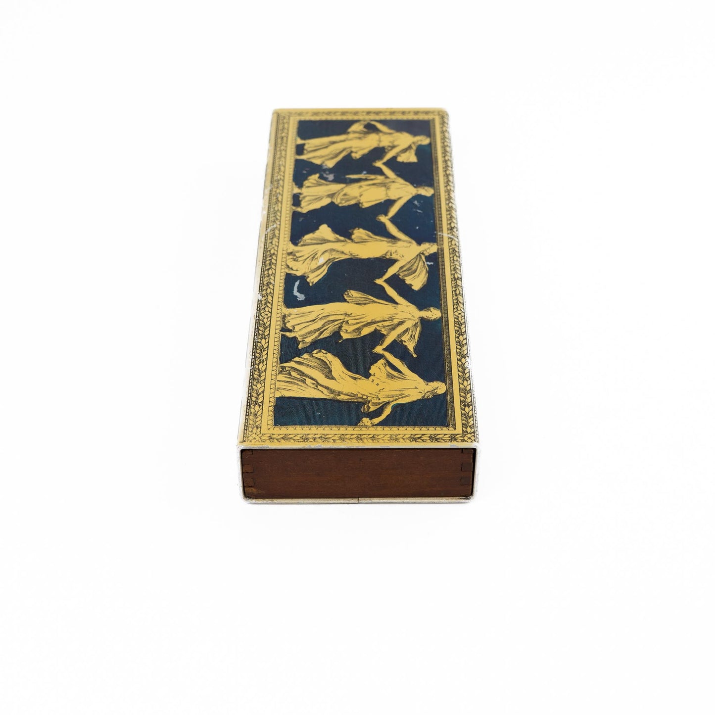 Vintage metal decorative box with Greek dancing muses design and sliding wooden interior compartment for jewelry storage
