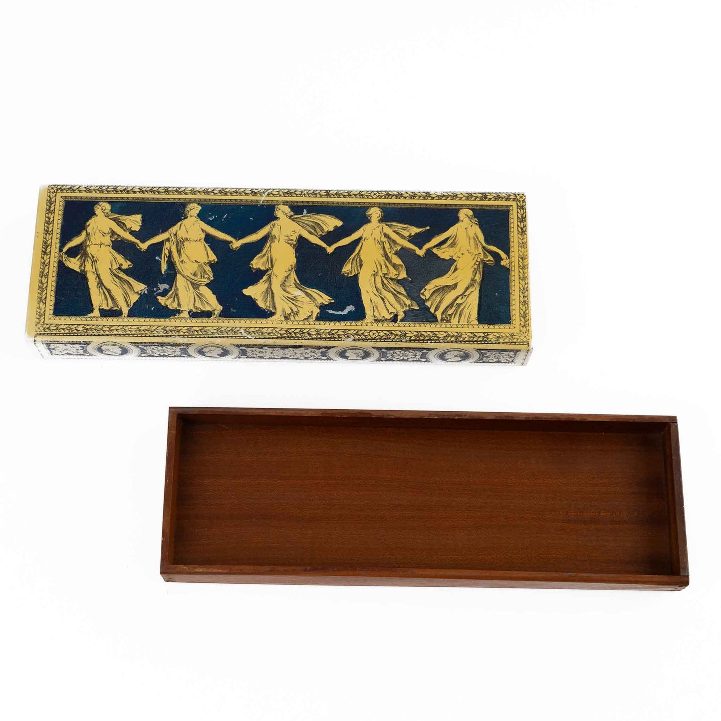 Vintage metal decorative box with Greek dancing muses design and sliding wooden interior compartment for jewelry storage