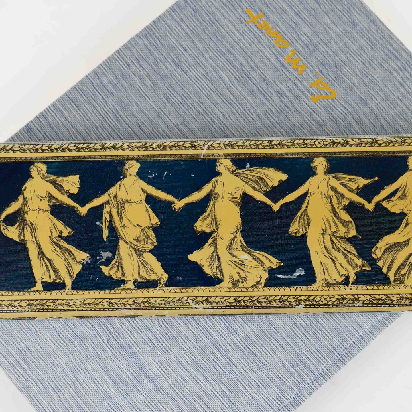 Vintage metal decorative box with Greek dancing muses design and sliding wooden interior compartment for jewelry storage