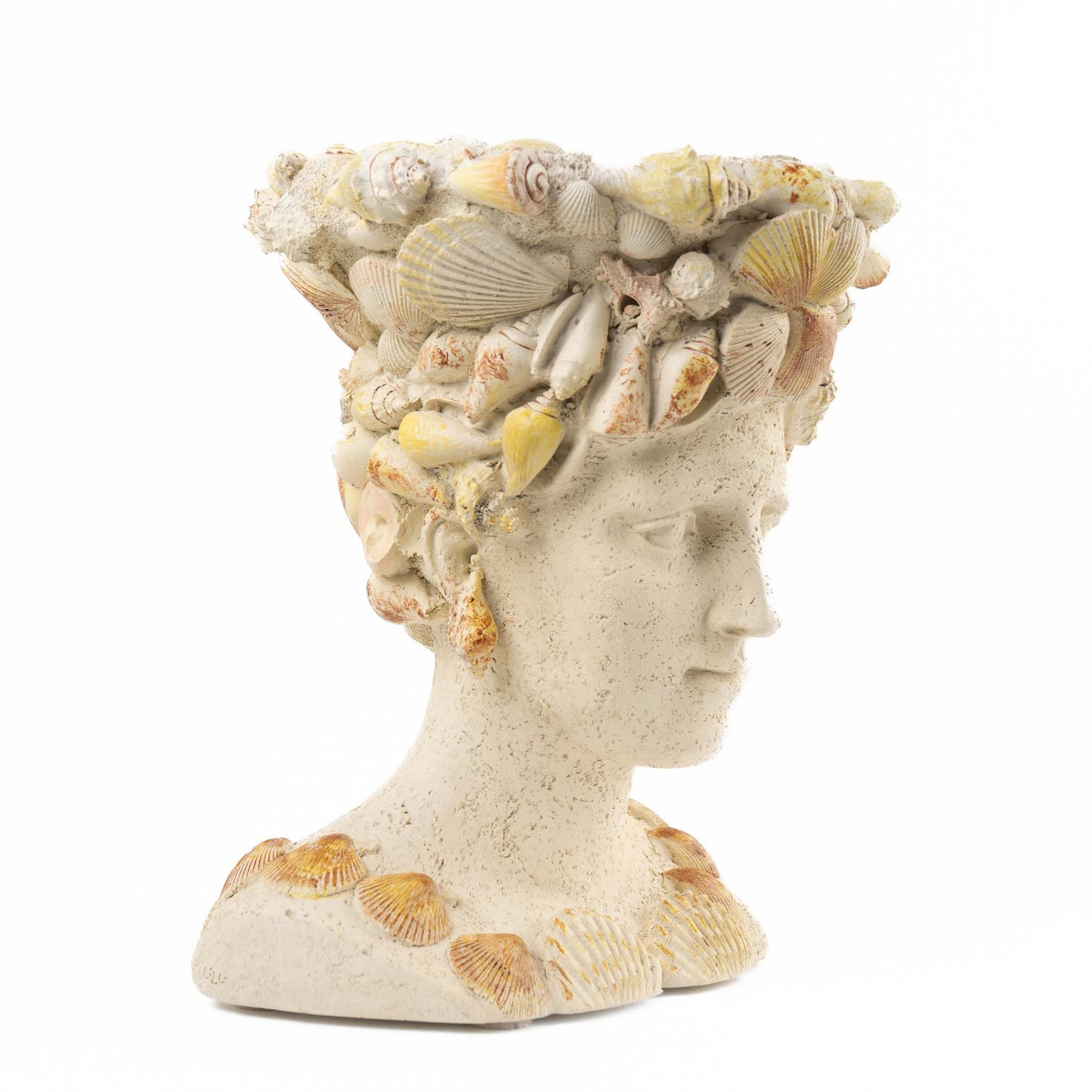 Vintage decorative grotto planter shaped like a female bust covered in seashells with an opening in the head for plants