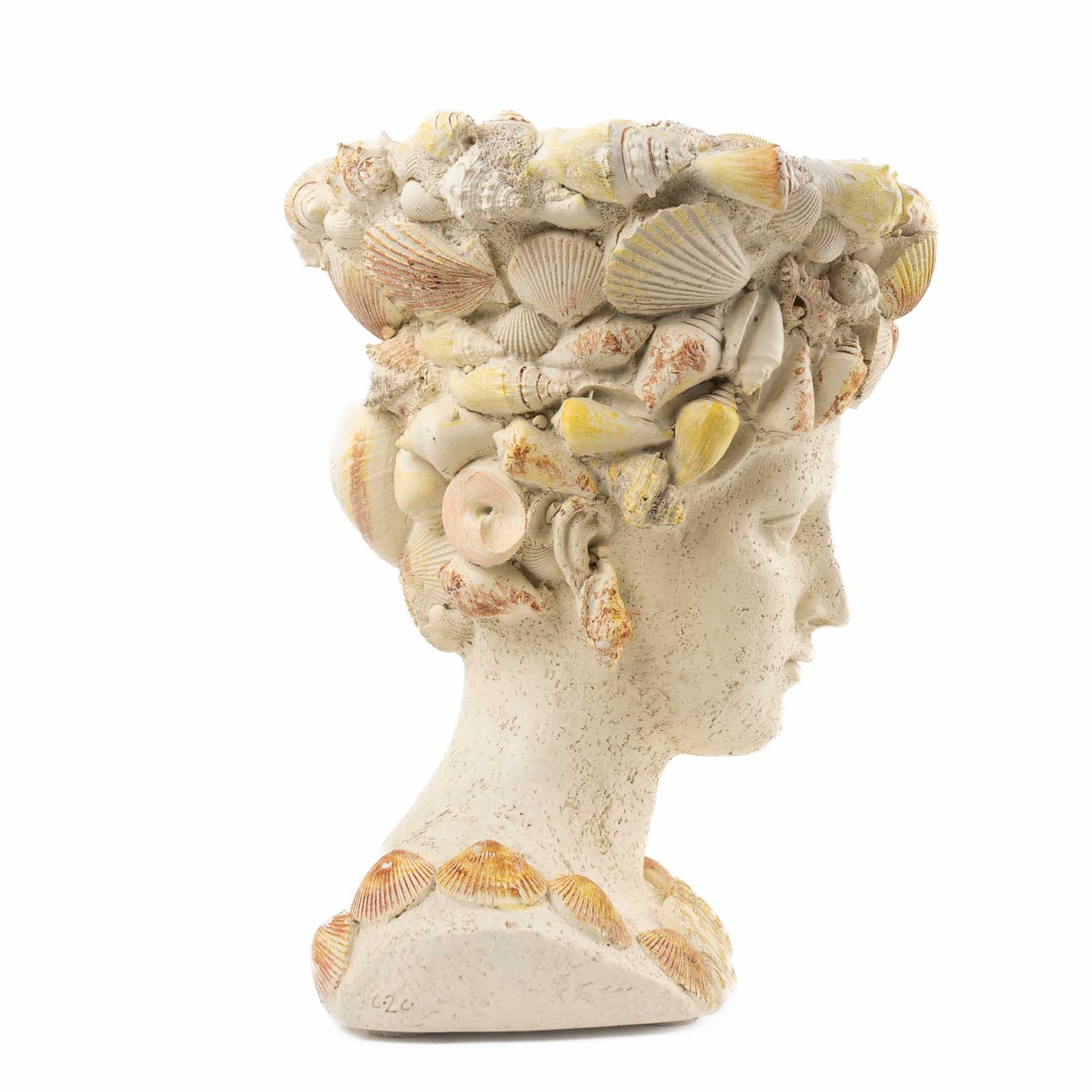 Vintage decorative planter shaped like a female bust covered in seashells with an opening in the head for plants
